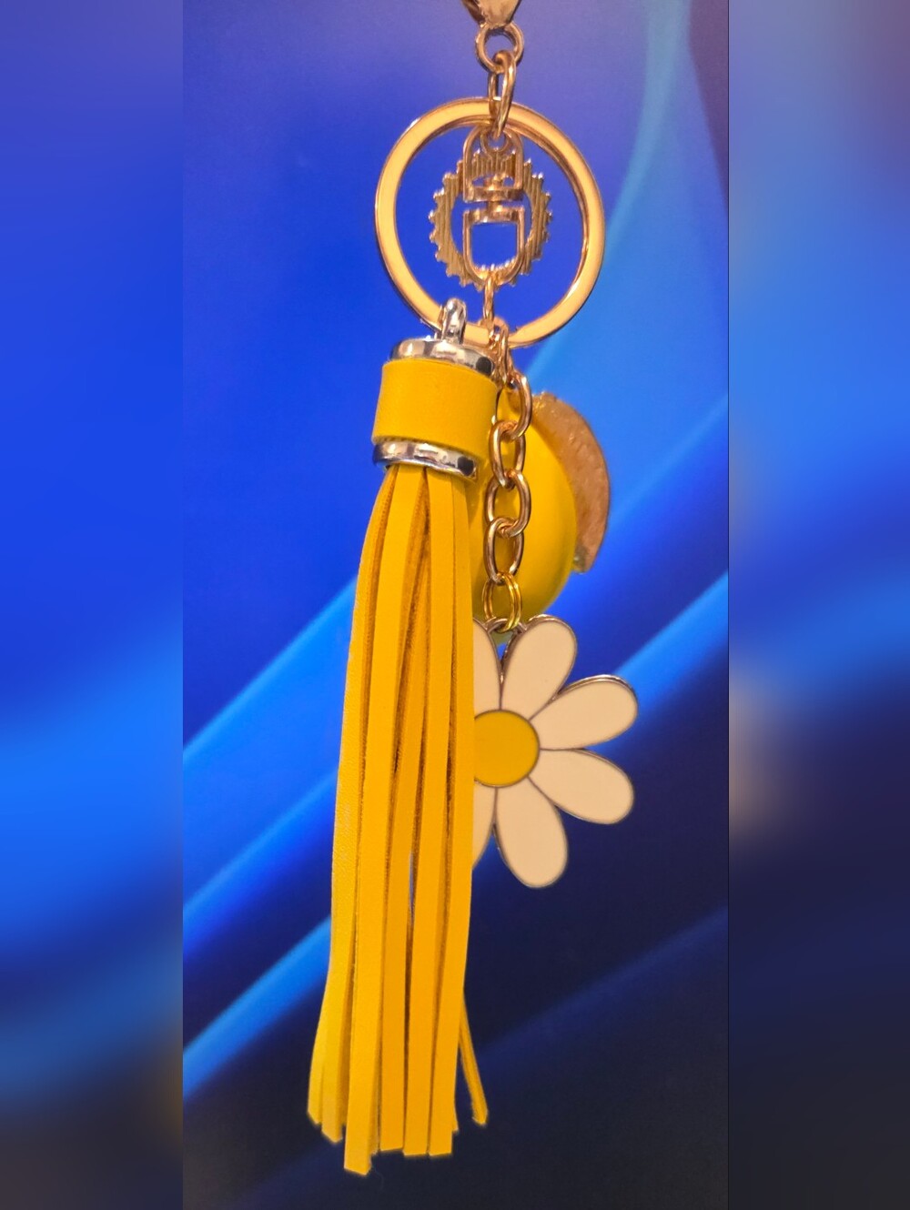 🍋Bright Yellow Lemon Purse Charm • White Daisy Floral Leather Tassel Keychain - Picture 10 of 16